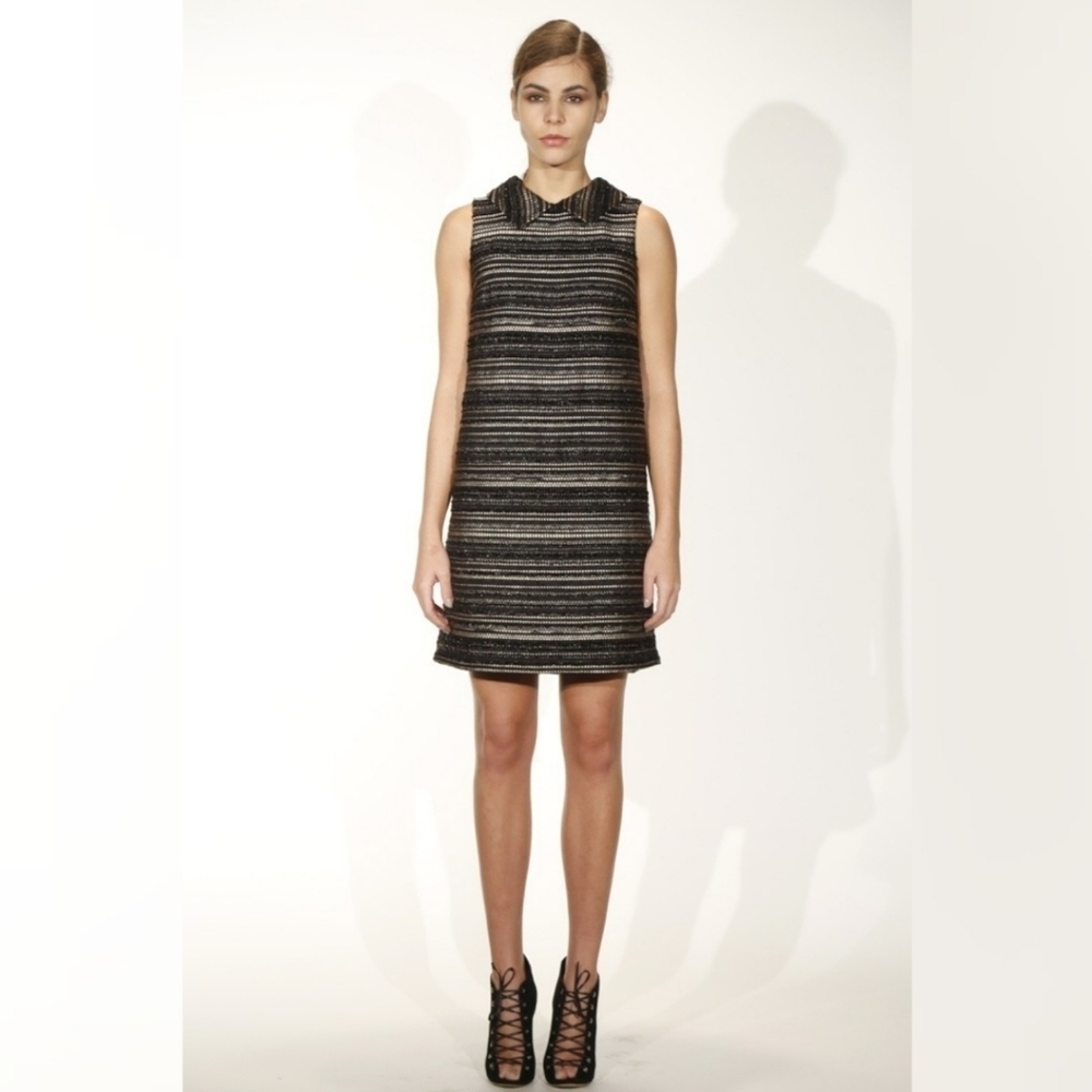 REBECCA Vallance Collared Textured Black Gold Shift Dress 8